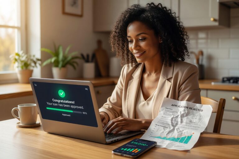 Borrower exploring fintech lending alternatives on a laptop after bank loan rejection