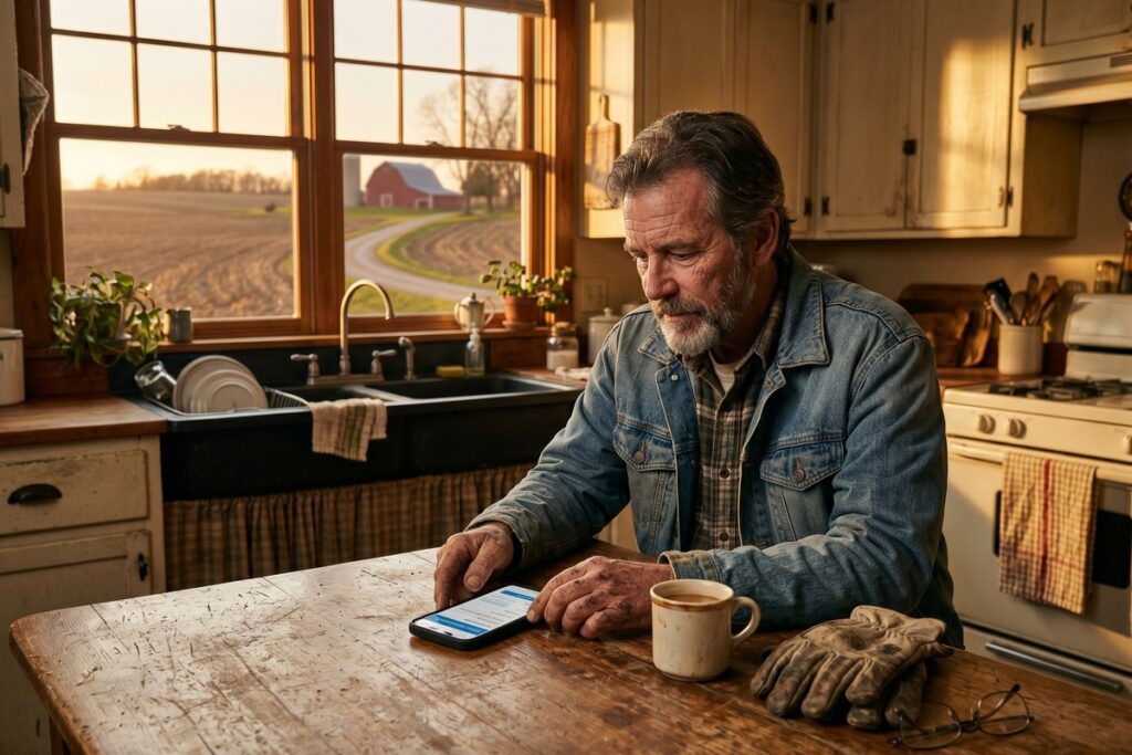 Rural borrower using a smartphone to apply for a fintech loan outside a small town