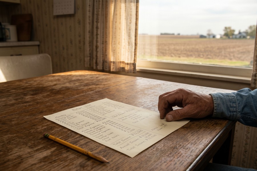 Rural borrower completing an online fintech loan application on a laptop at a kitchen table