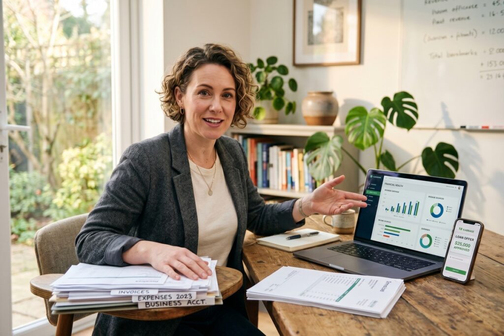 Self-employed borrower reviewing fintech lending application on laptop with financial documents