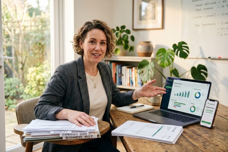 Self-employed borrower reviewing fintech lending application on laptop with financial documents