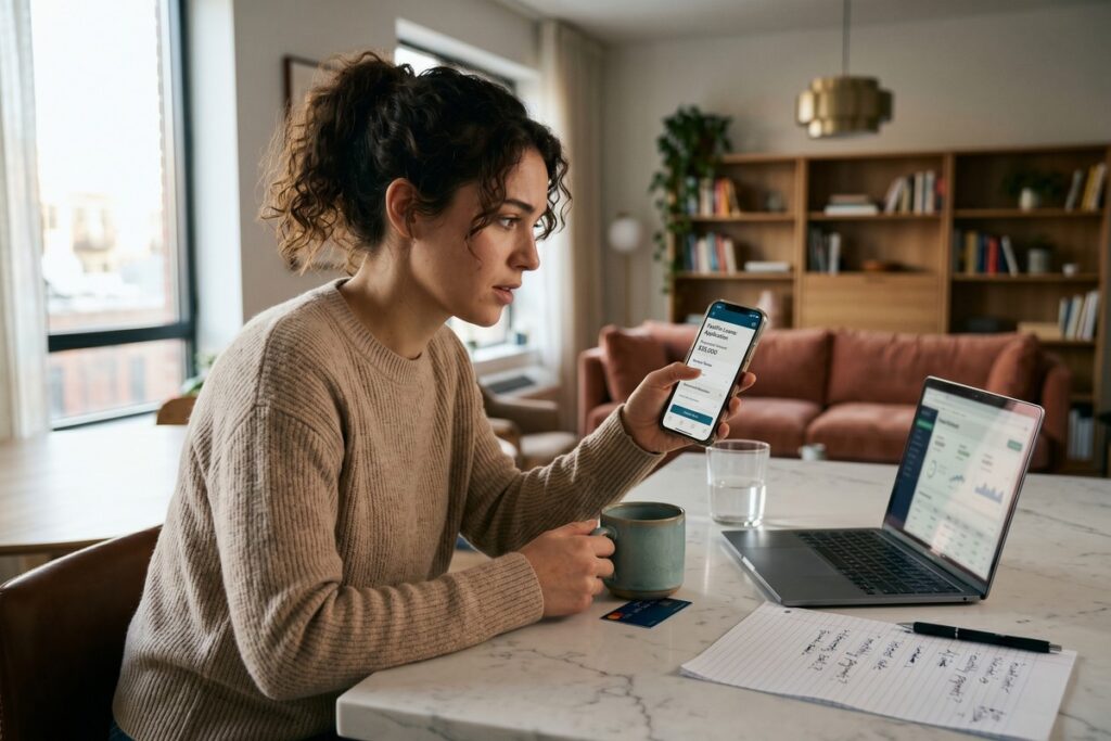 Person reviewing fintech loan application on smartphone to avoid common mistakes