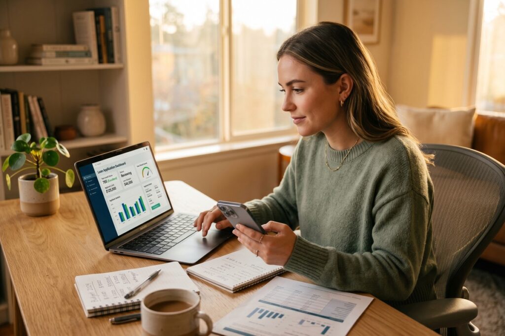 Person reviewing fintech loan limit details on a smartphone with a credit score dashboard on screen