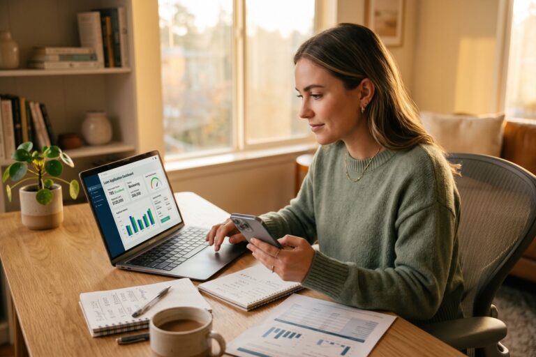 Person reviewing fintech loan limit details on a smartphone with a credit score dashboard on screen