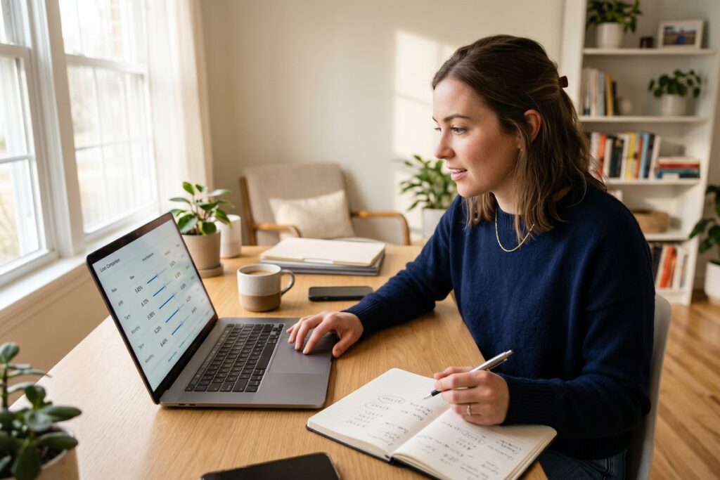Person using a fintech loan simulator on a laptop to compare and find the lowest possible loan interest rate