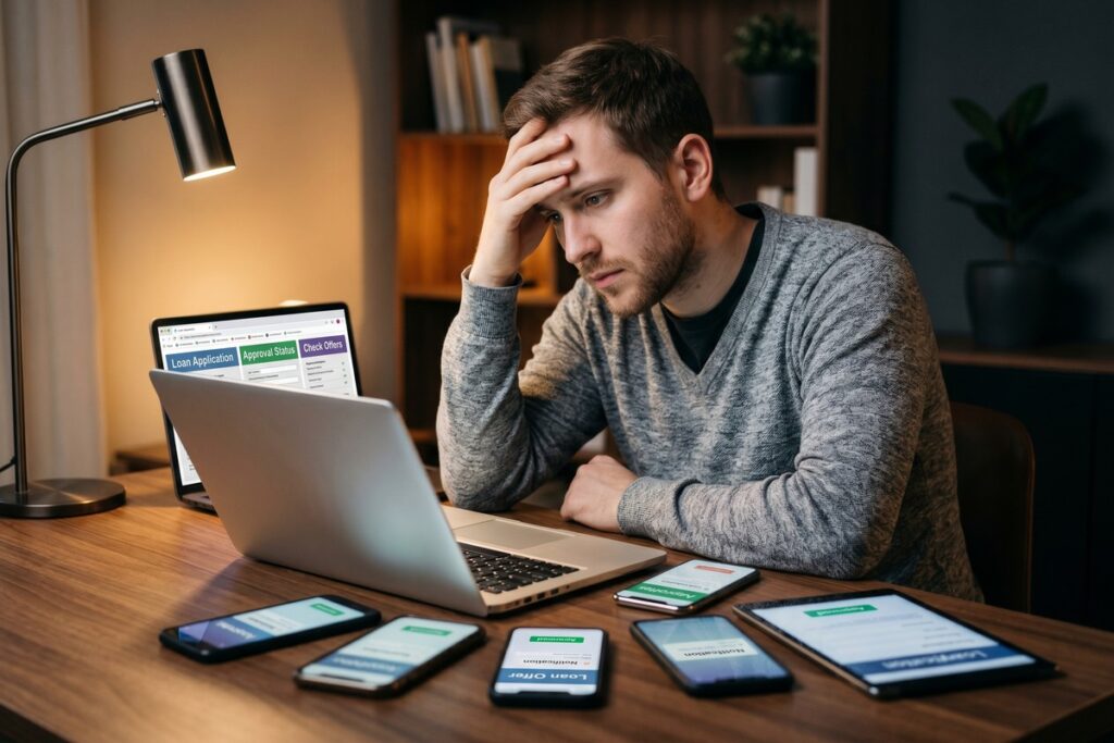 Borrower reviewing multiple fintech loan applications on a laptop illustrating loan stacking risks