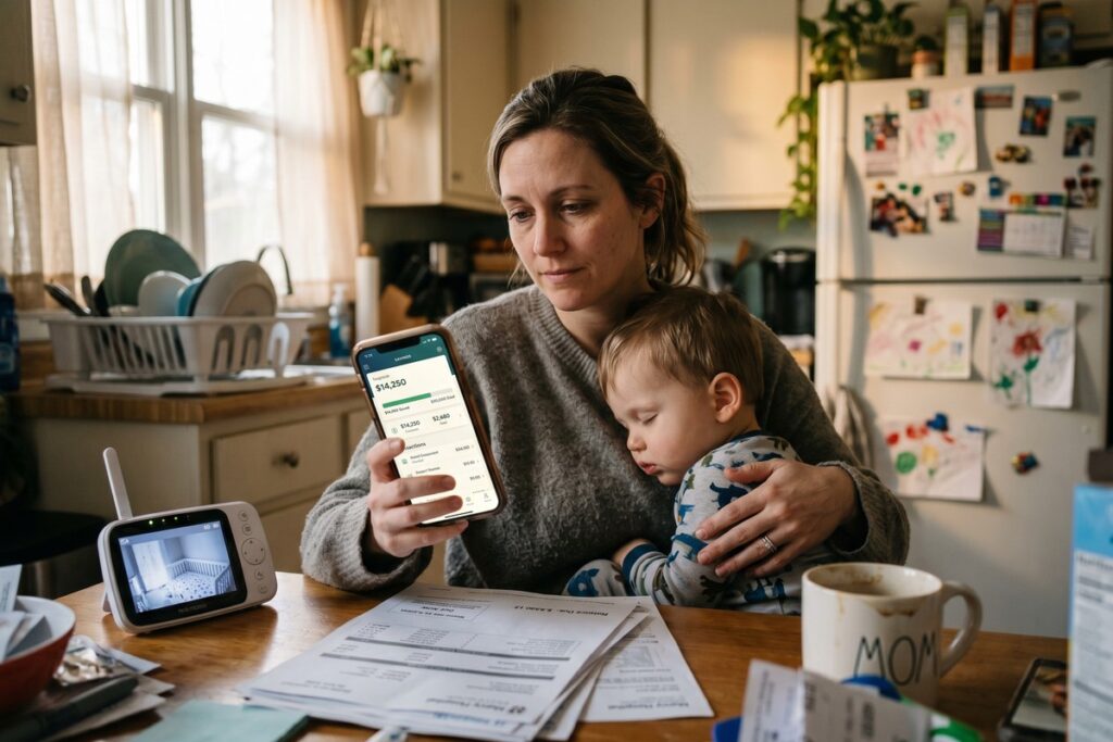 Caregiver reviewing fintech loan options on a laptop to access emergency funds without a second income