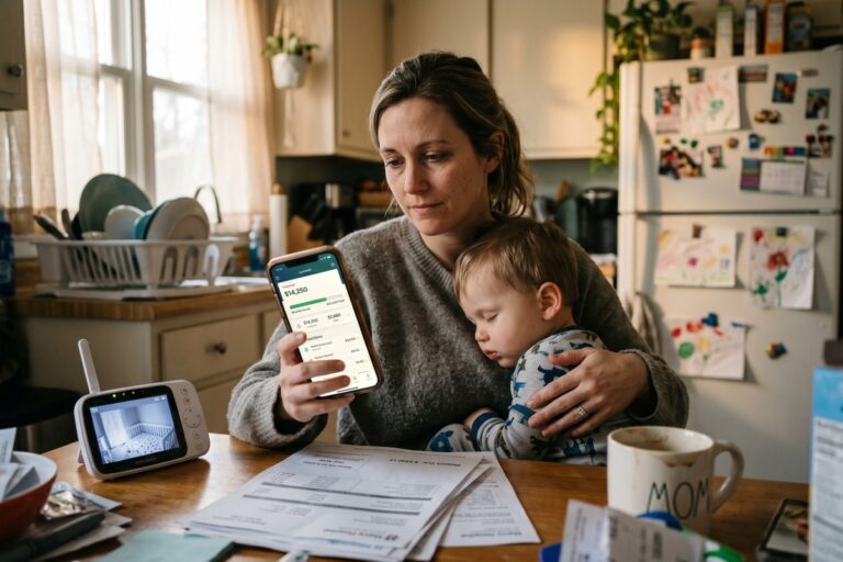 Caregiver reviewing fintech loan options on a laptop to access emergency funds without a second income