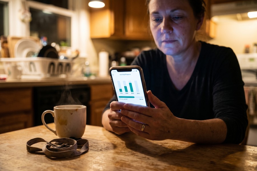Caregiver reviewing fintech loan application on smartphone at kitchen table