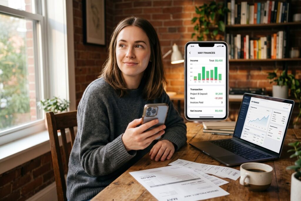 Contract worker using a fintech platform on a laptop to verify income and apply for a loan without pay stubs