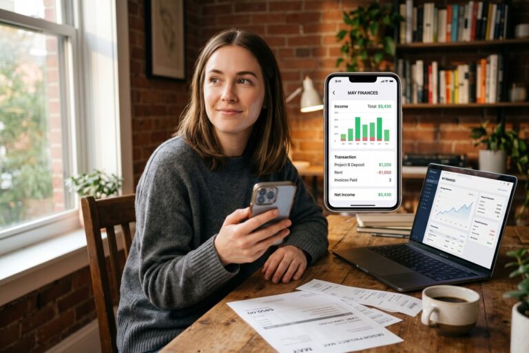 Contract worker using a fintech platform on a laptop to verify income and apply for a loan without pay stubs