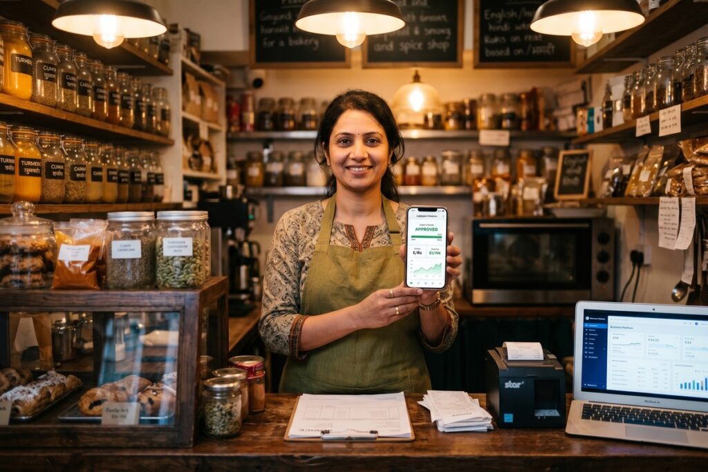 Immigrant entrepreneur reviewing fintech loan options on laptop for small business funding without U.S. credit history