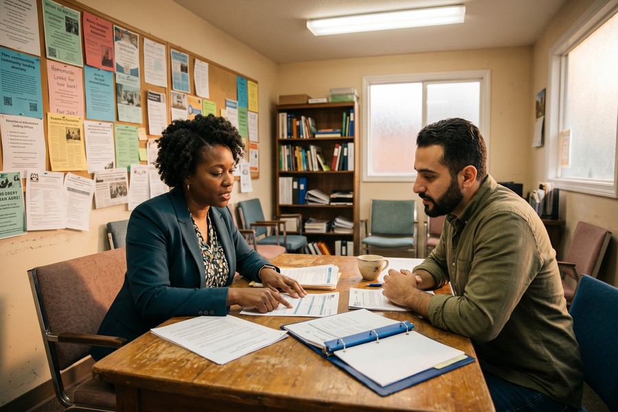 CDFI loan officer meeting with immigrant entrepreneur in a community center office