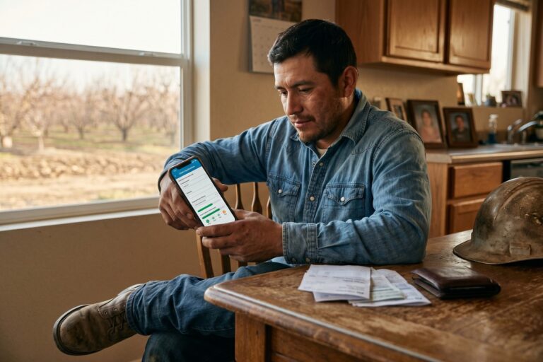 A seasonal construction worker reviewing a loan application on a smartphone during peak earning season