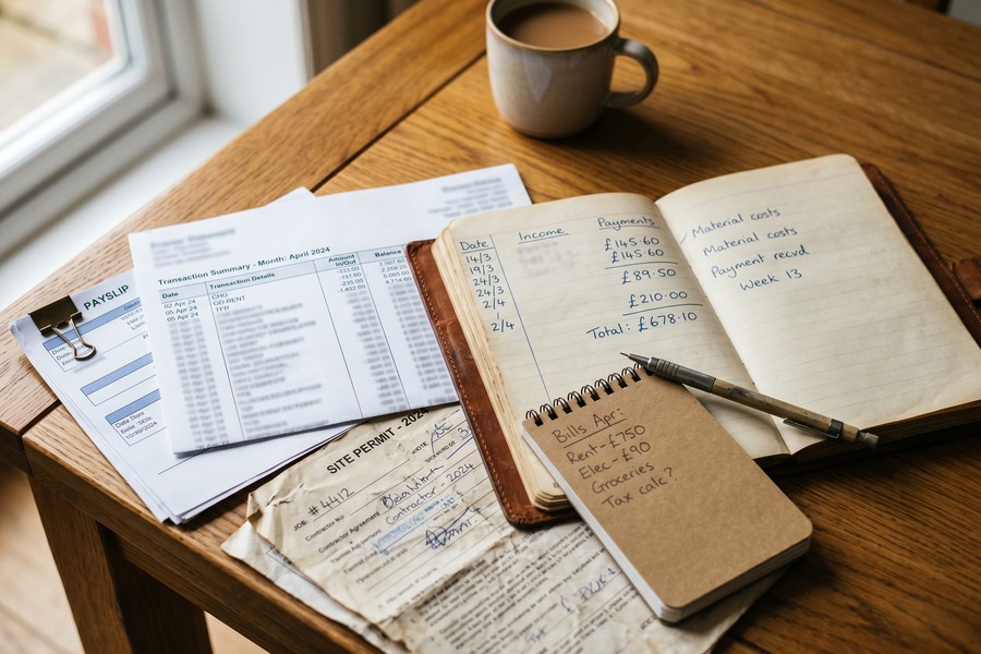 Seasonal worker reviewing bank statements and tax documents at a desk before loan application