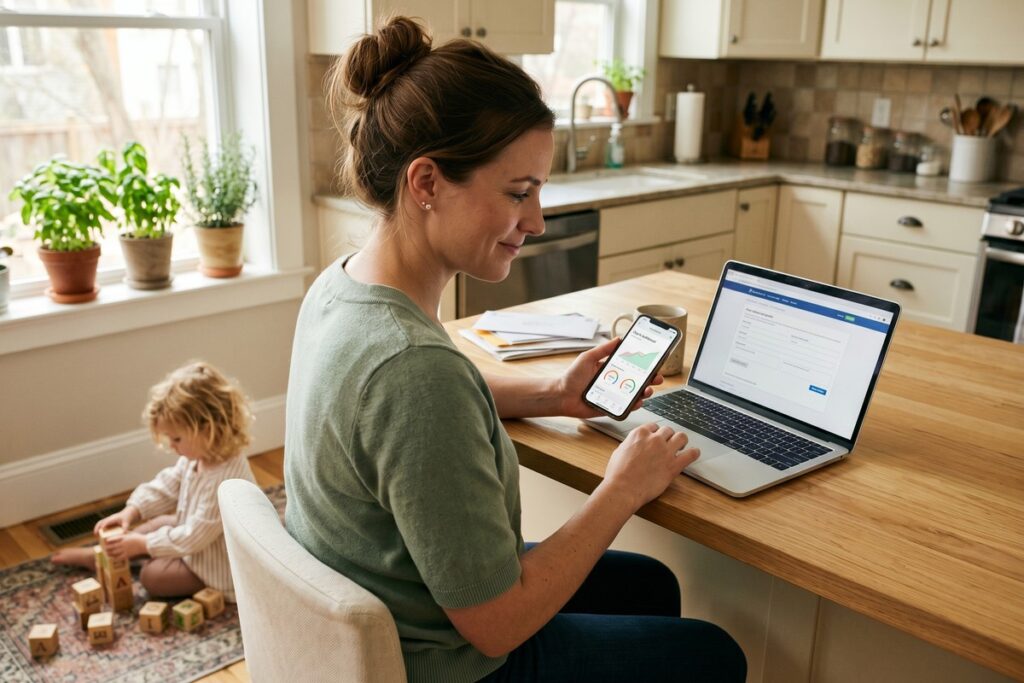 Stay-at-home parent using a fintech app on a tablet to apply for a personal loan