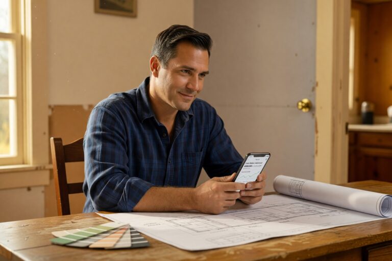 A veteran using a fintech app on a tablet to apply for a home improvement loan
