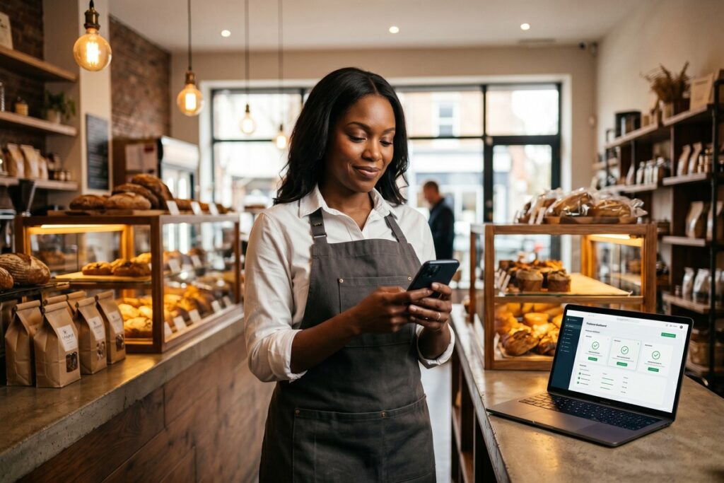 Minority small business owner reviewing fintech loan options on a laptop