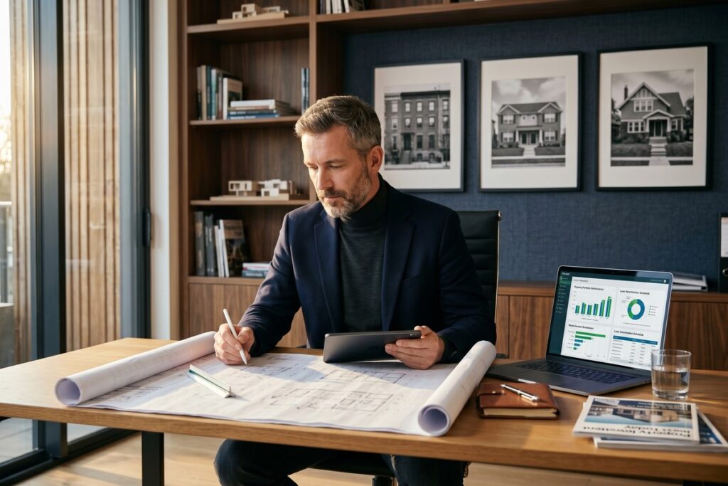 Landlord reviewing fintech renovation loan options on laptop for multiple rental properties