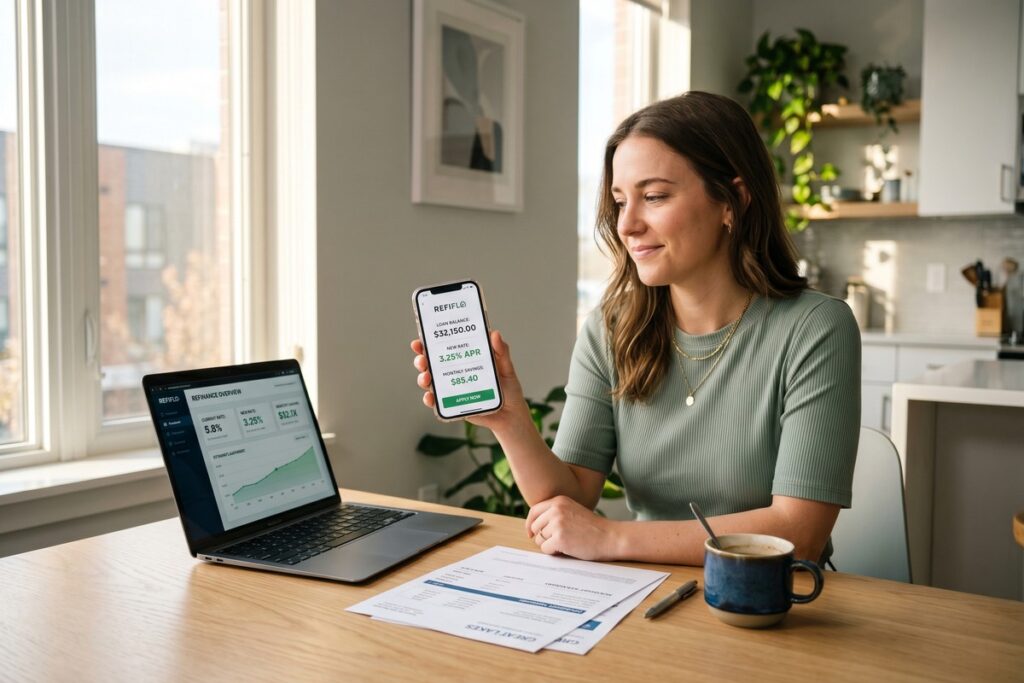 Person reviewing student loan refinancing options on a fintech app on their smartphone