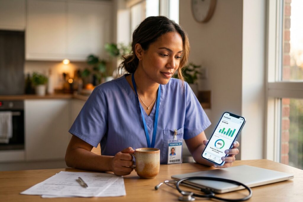 Nurse using a fintech platform on a tablet to manage student loan repayment
