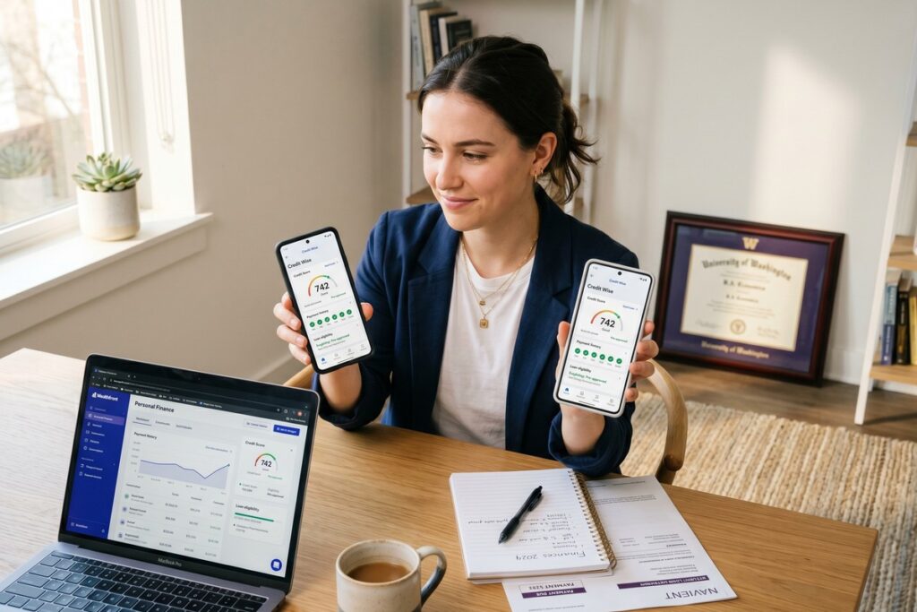 College graduate reviewing fintech tools on laptop to manage student debt and qualify for a personal loan