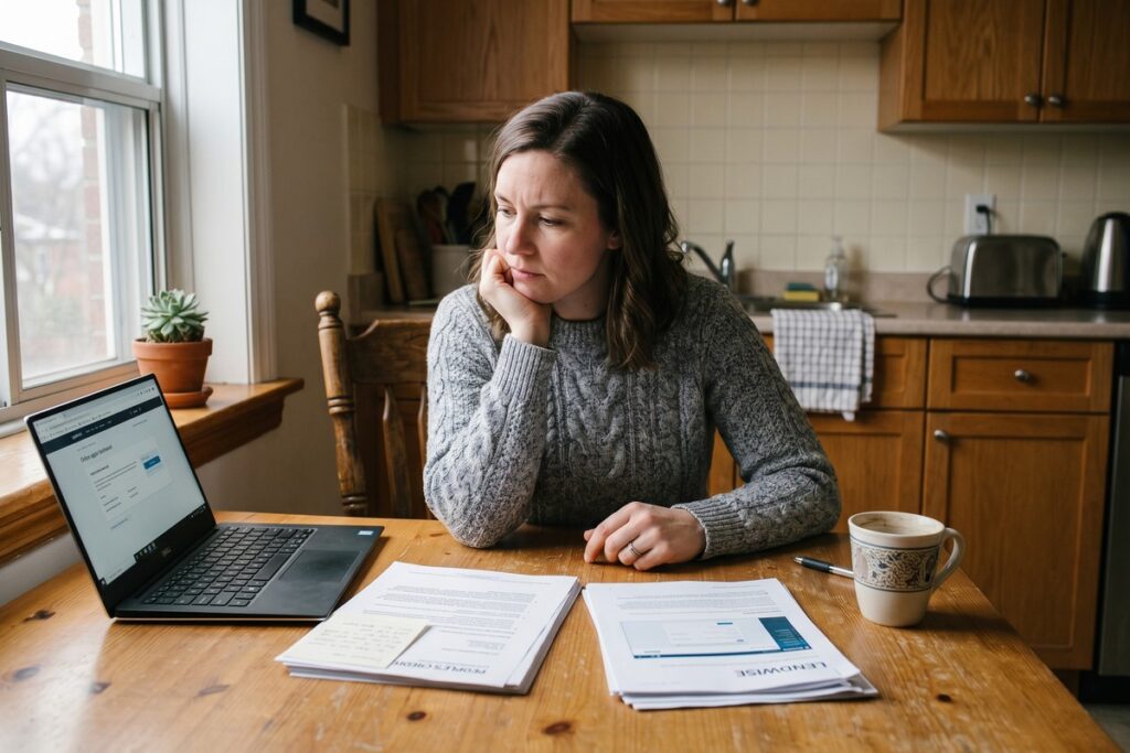 Person comparing fintech lender and credit union loan options on a laptop after job loss