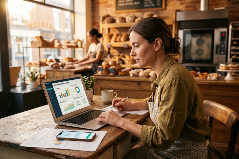 Small business owner reviewing fintech working capital loan options on a laptop