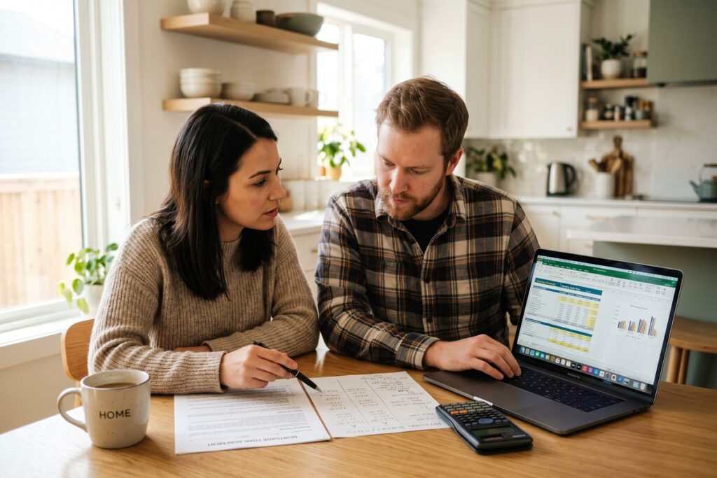 Homebuyer comparing fixed vs adjustable rate mortgage options with break-even math chart on desk