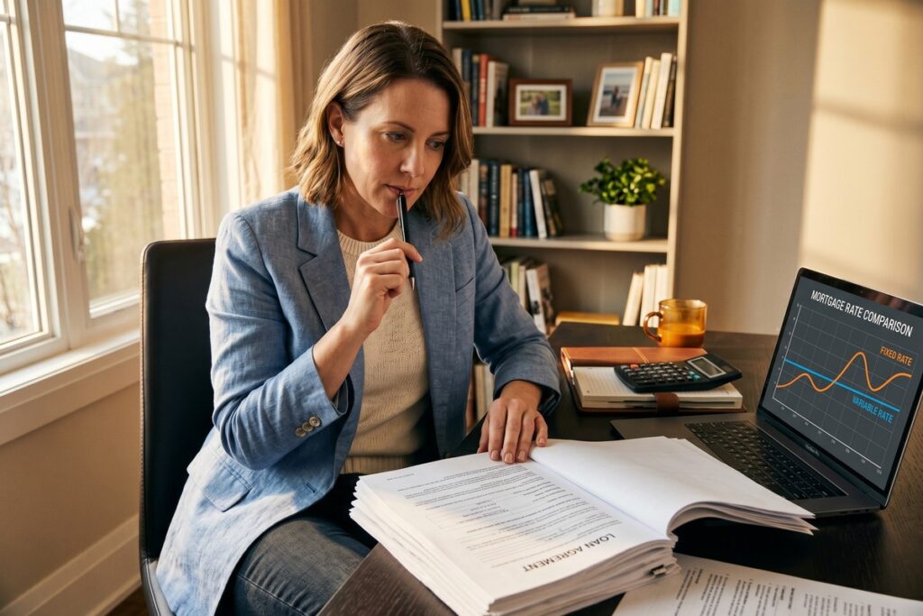 Self-employed borrower comparing fixed and adjustable rate loan documents at a desk