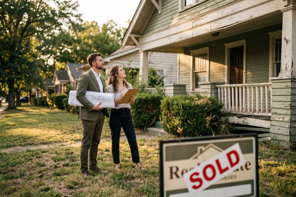 Homebuyer reviewing fixer upper mortgage rate documents in front of a house needing renovation