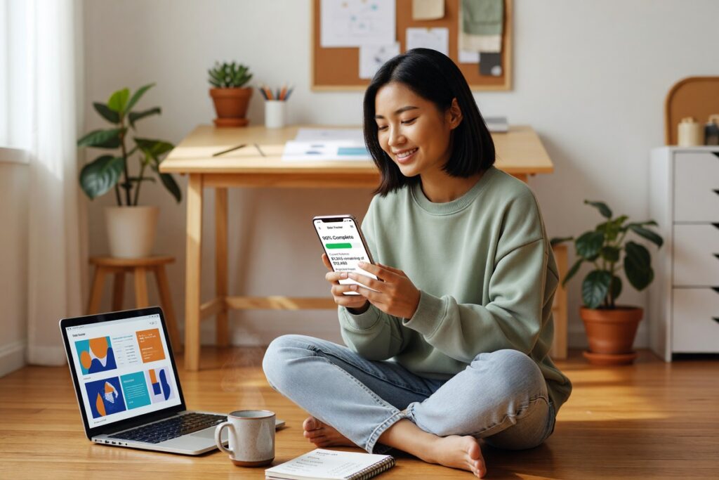 Freelance designer using a digital lending app on a laptop to pay off debt