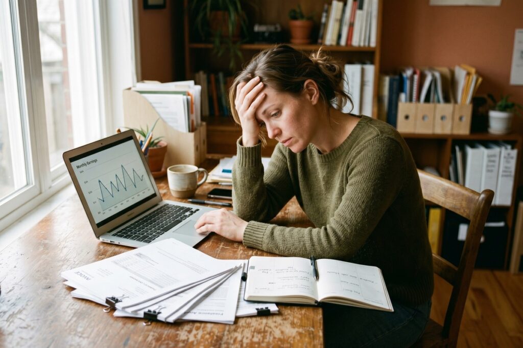Freelancer reviewing irregular income and budget spreadsheet at a desk