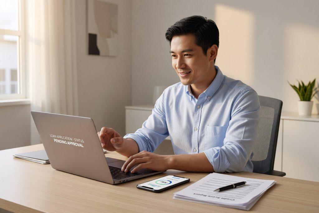Person using smartphone to apply for a digital loan with fast approval checklist on screen