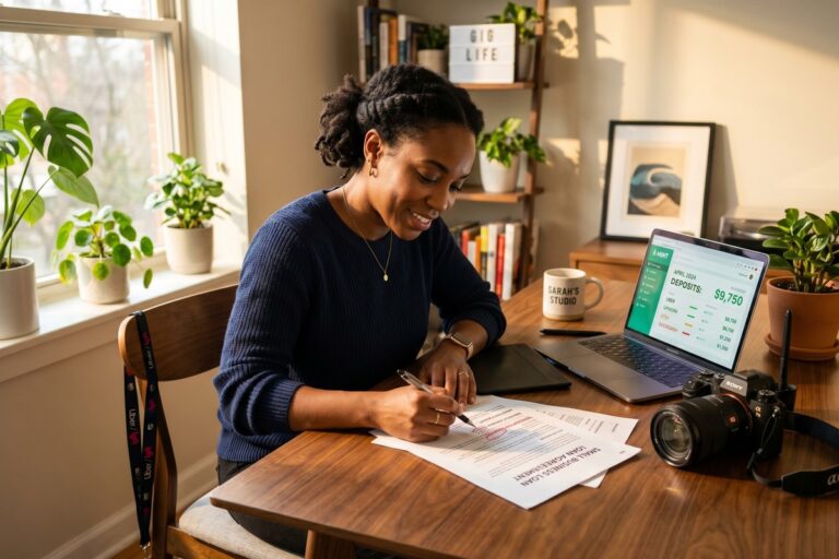 Gig worker reviewing loan interest rate options on laptop with multiple income stream documents