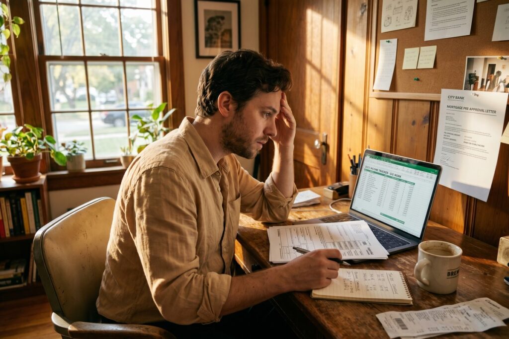 Freelancer reviewing mortgage rate documents at a home desk