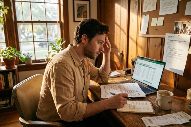 Freelancer reviewing mortgage rate documents at a home desk