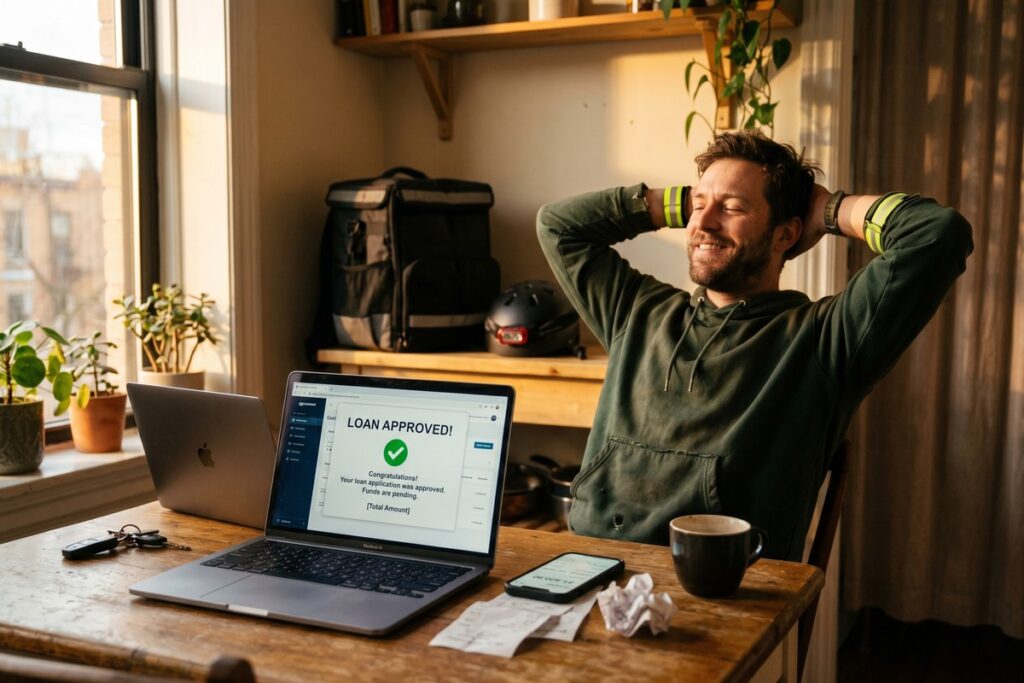 Gig worker reviewing personal loan approval options on laptop with income documents on desk