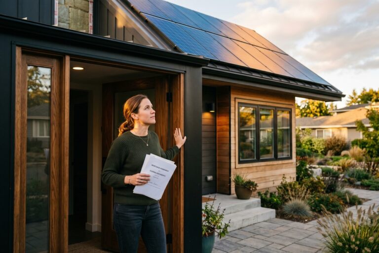 Energy-efficient home with solar panels illustrating green mortgage rates and eco-friendly financing