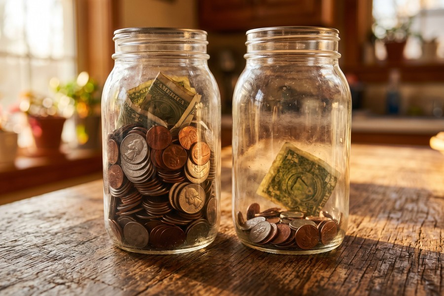 Homeowner reviewing HELOC and home equity loan documents side by side at kitchen table
