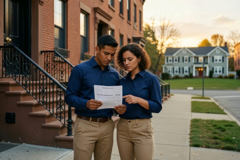 Urban homebuyer reviewing high-cost city mortgage rate documents compared to suburban buyer