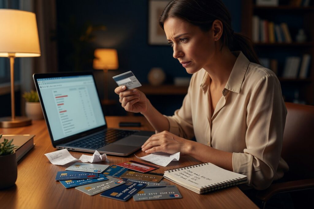 Person reviewing multiple credit cards with high utilization rates and rising interest costs