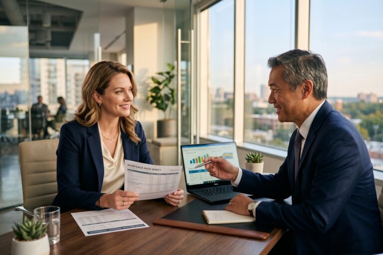 Person reviewing savings account balance on laptop next to mortgage rate documents