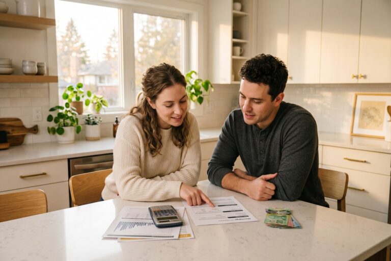 Homebuyer reviewing down payment options to lower mortgage rate at a desk with documents and calculator