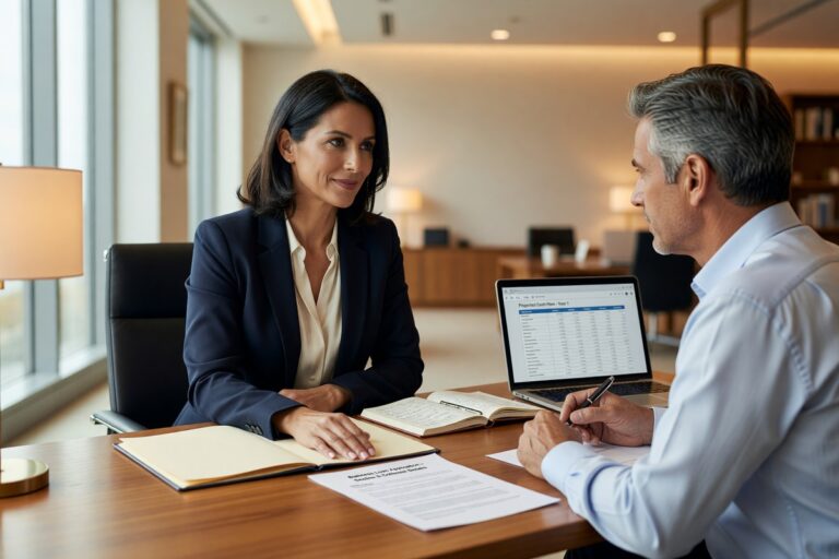 Small business owner reviewing business loan interest rate options with a lender