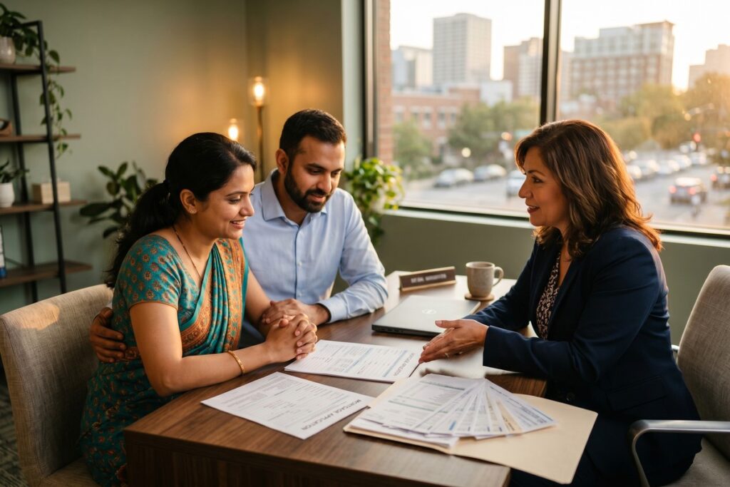 New immigrant couple reviewing mortgage rate documents with a lender at a desk
