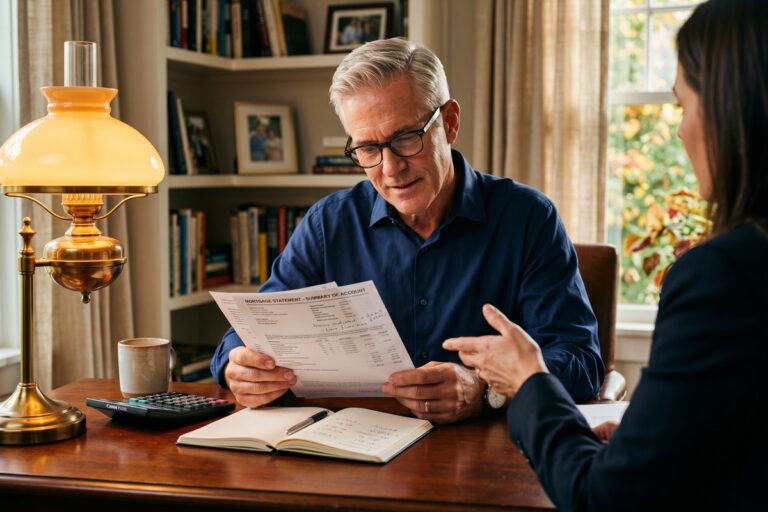 Senior couple reviewing interest rate loan documents with a financial advisor