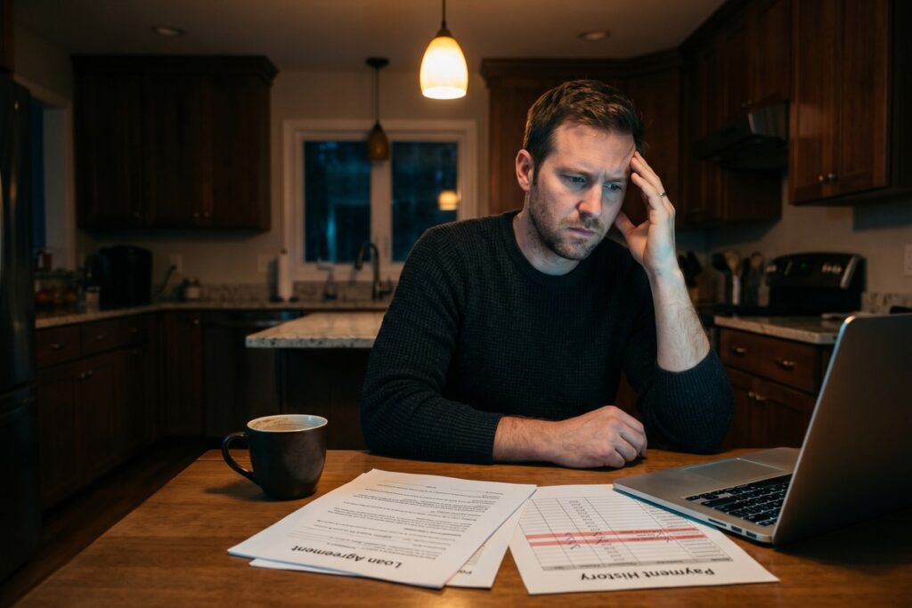 Person reviewing late payment history affecting loan interest rate on a financial document