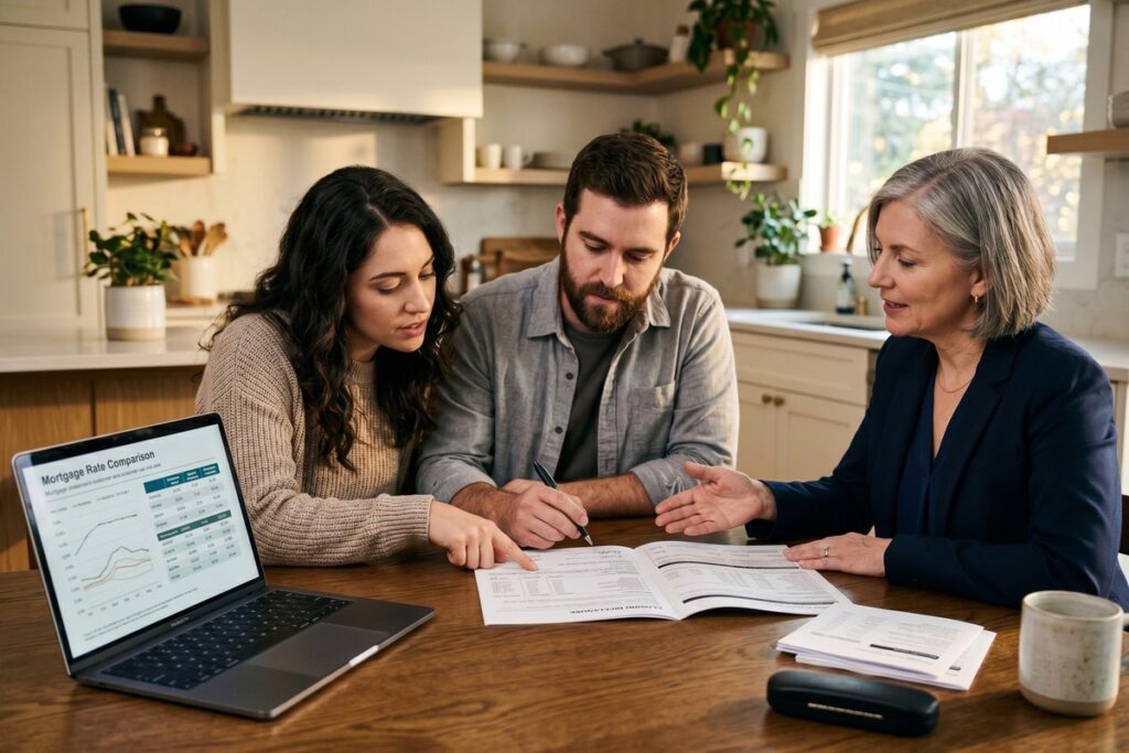 Homebuyer comparing lender credit versus lower mortgage rate options on a financial worksheet
