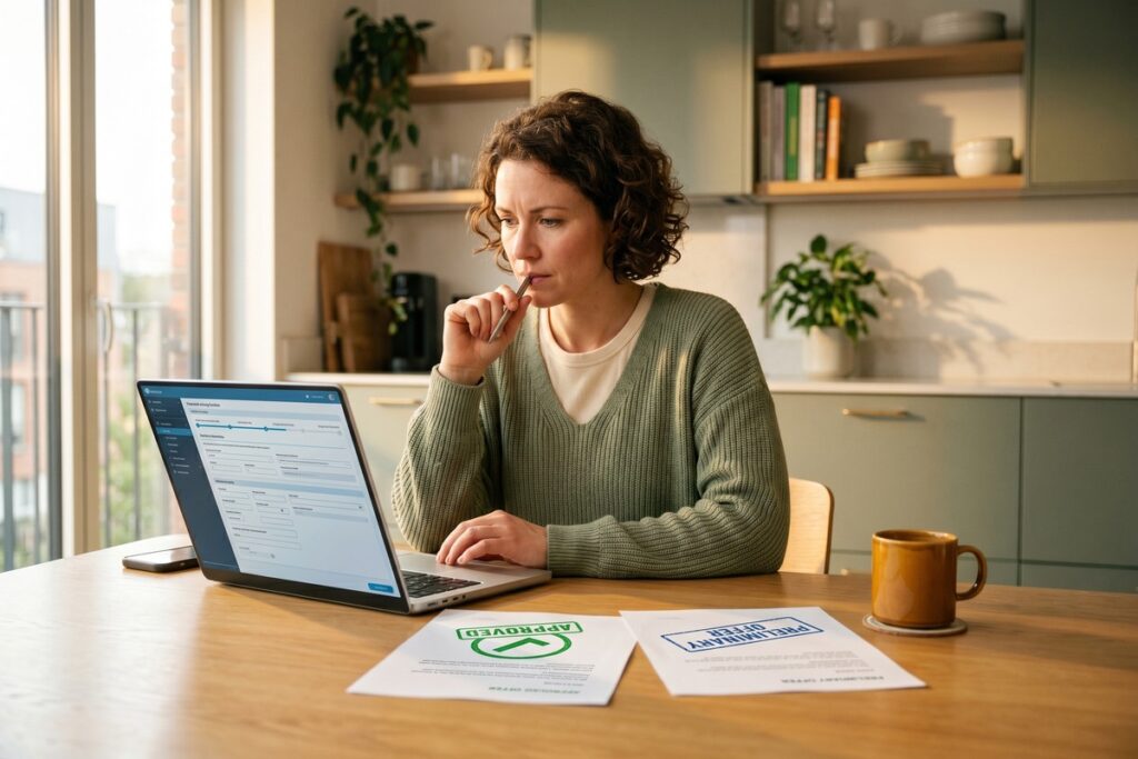 Person comparing loan pre-qualification and pre-approval offers on a laptop with financial documents on a desk